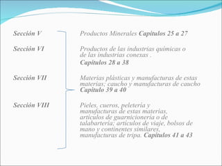 Sección V Productos Minerales  Capítulos 25 a 27 Sección VI Productos de las industrias químicas o  de las industrias conexas . Capítulos 28 a 38 Sección VII Materias plásticas y manufacturas de estas  materias; caucho y manufacturas de caucho  Capitulo 39 a 40 Sección VIII Pieles, cueros, peletería y  manufacturas de estas materias,  artículos de guarnicionería o de  talabartería; artículos de viaje, bolsos de  mano y continentes similares,  manufacturas de tripa.  Capítulos 41 a 43 