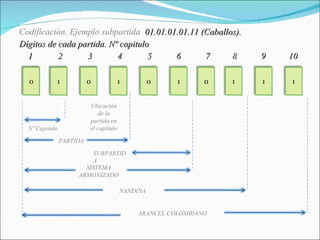 Codificación, Ejemplo subpartida  01.01.01.01.11 (Caballos). Dígitos de cada partida. Nº capitulo 1   2   3  4 5  6  7  8   9   10 Nº Capitulo Ubicación de la partida en el capítulo PARTIDA SISTEMA ARMONIZADO SUBPARTIDA NANDINA ARANCEL COLOMBIANO 