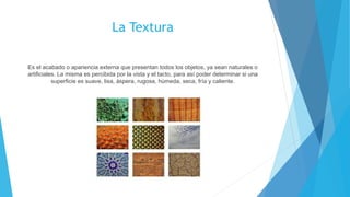 La Textura
Es el acabado o apariencia externa que presentan todos los objetos, ya sean naturales o
artificiales. La misma es percibida por la vista y el tacto, para así poder determinar si una
superficie es suave, lisa, áspera, rugosa, húmeda, seca, fría y caliente.
 