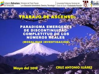 TRABAJO DE ASCENSO:
PARADIGMA EMERGENTE
DE DISCONTINUIDAD-
COMPLETITUD DE LOS
NÚMEROS REALES
(MODALIDAD INVESTIGACIÓN)
Mayo del 2018 CRUZ ANTONIO SUÁREZ
 