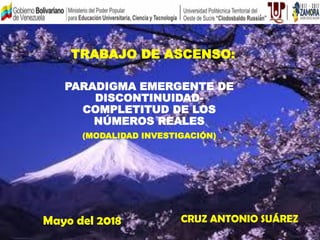 TRABAJO DE ASCENSO:
PARADIGMA EMERGENTE DE
DISCONTINUIDAD-
COMPLETITUD DE LOS
NÚMEROS REALES
(MODALIDAD INVESTIGACIÓN)
Mayo del 2018 CRUZ ANTONIO SUÁREZ
 