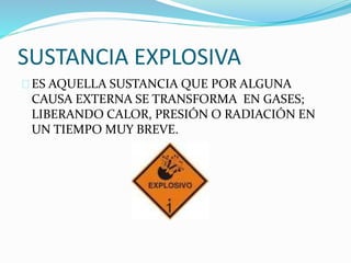 SUSTANCIA EXPLOSIVA 
ES AQUELLA SUSTANCIA QUE POR ALGUNA 
CAUSA EXTERNA SE TRANSFORMA EN GASES; 
LIBERANDO CALOR, PRESIÓN O RADIACIÓN EN 
UN TIEMPO MUY BREVE. 
 