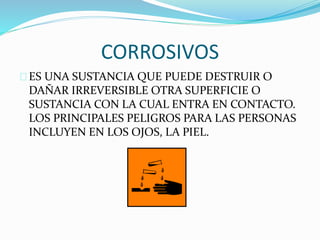 CORROSIVOS 
ES UNA SUSTANCIA QUE PUEDE DESTRUIR O 
DAÑAR IRREVERSIBLE OTRA SUPERFICIE O 
SUSTANCIA CON LA CUAL ENTRA EN CONTACTO. 
LOS PRINCIPALES PELIGROS PARA LAS PERSONAS 
INCLUYEN EN LOS OJOS, LA PIEL. 
 