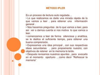 MÉTODO IPLER

Es un proceso de lectura auto regulada…
• Lo que realizamos es darle una mirada rápida de lo
que vamos a leer , para obtener una información
general .
• Nos hacemos preguntas de lo que vamos a leer, para
así ver o darnos cuenta si nos motiva lo que vamos a
leer.
• comenzamos a leer de forma silenciosa y analítica,
se le dedica el suficiente tiempo, para obtener una
buena comprensión.
• Expresamos una idea principal , con sus respectivas
ideas secundarias , pero propiamente nuestro; con
objetivos de retener en la memoria lo leído.
• Después revisamos nuestros apuntes , para evocarlo
en el momento oportuno …como decir “Refrescar la
memoria”
 