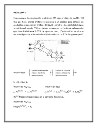 PROBLEMA 5: 
En un proceso de cristalización se obtienen 695 kg de cristales de Na₂CO₃ · 10 
H₂O por hora; dichos cristales se pasarán a un secador para obtener un 
producto que consiste en cristales de Na₂CO₃ anhidro. ¿Qué cantidad de agua 
se quitó en el secador? Si los cristales se secan en corriente paralela con aire 
que tiene inicialmente 0.09% de agua en peso, ¿Qué cantidad de aire se 
necesitará para secar los cristales si el aire sale con un 0.7% de agua en peso? 
Rapidex de entrada de 
materia al sistema 
termodinámico 
Balance total : - =0 
S₂ + G₁ = G₄ + S₃ 
Balance de Na₂ CO₃ Balance de agua 
Na₂CO₃ = 푆3푊3 
푆2푊2 
Na₂CO₃ 푆2푊2 
H₂O + 퐺1 푌1 
H₂O =퐺4 푌4 
H₂O + 푆3푊3 
H₂O 
퐻₂푂 fracción masa de agua en la corriente de salida 3. 
푊3 
Balance de Na₂ CO₃ 
푁푎2 퐶푂3 
695(푊2 
) = 푆₃ 
Rapidez de salida de 
materia del sistema 
termodinámico 
 