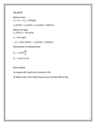 BALANCES 
Balance total: 
퐺1 + 퐿3 = 퐺2 + 100 kg/h 
퐺1 (0.60) + 퐿3(0.05) = 퐺2 (0.02) + 100 (0.2) 
Balance de agua: 
퐿3 (0.95) = 100 (0.8) 
퐿3 = 84.2 kg/h 
∴ 퐺1 + 84.2 (0.05) = 퐺2 (0.02) + 100(0.2) 
Resolviendo simultáneamente 
퐺2 = 10.87 
푘푔 
ℎ 
퐺1 = 26.67 푘푟/ℎ 
RESULTADOS 
Se requiere 84.2 kg/h de la solución al 5%. 
Se deben tratar 26.67 kg/h de gases que contiene 60% de SO₂ 
 