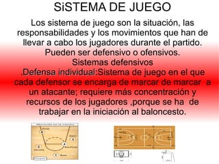 JUGADORES : El equipo está integrado por 12 jugadores (5 en la pista y 5 reservas) y un equipo técnico ( entrenador,ayudante ,fisioterapeuta,médico) de 5 componentes como máximo.El entrenodor puede hacer todos los cambios que desee.Cada jugador ,en función de su altura y su técnica, tiene un lugar y una misión especificos,que son los siguientes: 