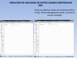 CREACIÓN DE UNA BASE DE DATOS USANDO SENTENCIAS SQLComo se podrá ver tanto con sentencias SQL o el SQL  Server Management Studio  se tiene le mismo resultado