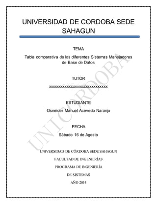 UNIVERSIDAD DE CORDOBA SEDE
SAHAGUN
TEMA
Tabla comparativa de los diferentes Sistemas Manejadores
de Base de Datos
TUTOR
xxxxxxxxxxxxxxxxxxxxxxxxxxxxx
ESTUDIANTE
Osneider Manuel Acevedo Naranjo
FECHA
Sábado 16 de Agosto
UNIVERSIDAD DE CÓRDOBA SEDE SAHAGUN
FACULTAD DE INGENIERÍAS
PROGRAMA DE INGENIERÍA
DE SISTEMAS
AÑO 2014
 