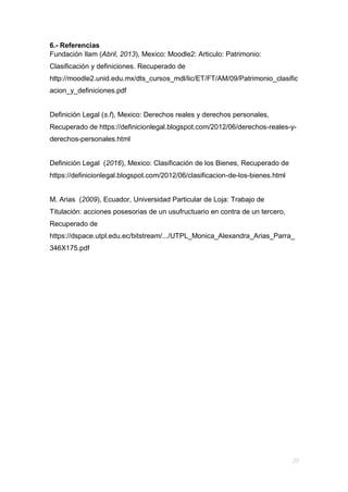 6.- Referencias
Fundación Ilam (Abril, 2013), Mexico: Moodle2: Articulo: Patrimonio:
Clasificación y definiciones. Recuperado de
http://moodle2.unid.edu.mx/dts_cursos_mdl/lic/ET/FT/AM/09/Patrimonio_clasific
acion_y_definiciones.pdf
Definición Legal (s.f), Mexico: Derechos reales y derechos personales,
Recuperado de https://definicionlegal.blogspot.com/2012/06/derechos-reales-y-
derechos-personales.html
Definición Legal (2016), Mexico: Clasificación de los Bienes, Recuperado de
https://definicionlegal.blogspot.com/2012/06/clasificacion-de-los-bienes.html
M. Arias (2009), Ecuador, Universidad Particular de Loja: Trabajo de
Titulación: acciones posesorias de un usufructuario en contra de un tercero,
Recuperado de
https://dspace.utpl.edu.ec/bitstream/.../UTPL_Monica_Alexandra_Arias_Parra_
346X175.pdf
 
