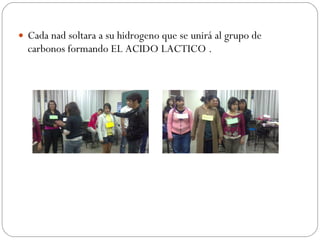 Cada nad soltara a su hidrogeno que se unirá al grupo de carbonos formando EL ACIDO LACTICO . 