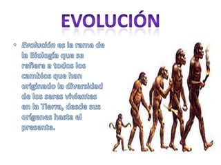 EvoluciónEvolución es la rama de la Biología que se refiere a todos los cambios que han originado la diversidad de los seres vivientes en la Tierra, desde sus orígenes hasta el presente.
