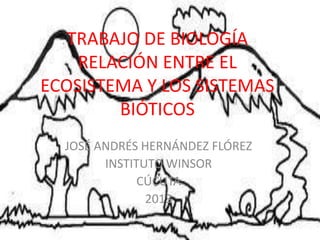 TRABAJO DE BIOLOGÍA
    RELACIÓN ENTRE EL
ECOSISTEMA Y LOS SISTEMAS
        BIÓTICOS
  JOSÉ ANDRÉS HERNÁNDEZ FLÓREZ
        INSTITUTO WINSOR
              CÚCUTA
               2013
 