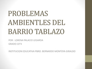 PROBLEMAS
AMBIENTLES DEL
BARRIO TABLAZO
POR : LORENA PALACIO LEGARDA
GRADO:10°4
INSTITUCION EDUCATIVA PBRO. BERNARDO MONTOYA GIRALDO
 