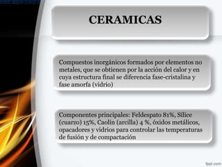 CERAMICAS


Compuestos inorgánicos formados por elementos no
metales, que se obtienen por la acción del calor y en
cuya estructura final se diferencia fase-cristalina y
fase amorfa (vidrio)



Componentes principales: Feldespato 81%, Sílice
(cuarzo) 15%, Caolín (arcilla) 4 %, óxidos metálicos,
opacadores y vidrios para controlar las temperaturas
de fusión y de compactación
 