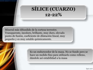 SÍLICE (CUARZO)
                            12-22%


Mineral más difundido de la corteza terrestre.
Transparente, incoloro, brillante, muy duro, elevado
punto de fusión, coeficiente de dilatación lineal, muy
pequeño y es muy estable químicamente.



                      Es un endurecedor de la masa. No se funde pero se
                      hace un molido fino para utilizarlo como relleno,
                      dándole así estabilidad a la masa
 