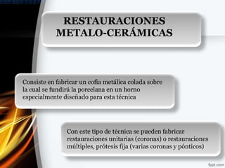 RESTAURACIONES
            METALO-CERÁMICAS



Consiste en fabricar un cofia metálica colada sobre
la cual se fundirá la porcelana en un horno
especialmente diseñado para esta técnica




                Con este tipo de técnica se pueden fabricar
                restauraciones unitarias (coronas) o restauraciones
                múltiples, prótesis fija (varias coronas y pónticos)
 