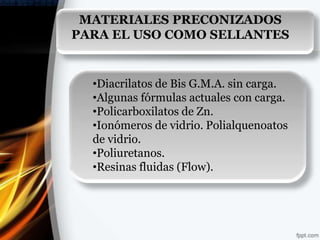 MATERIALES PRECONIZADOS
PARA EL USO COMO SELLANTES


  •Diacrilatos de Bis G.M.A. sin carga.
  •Algunas fórmulas actuales con carga.
  •Policarboxilatos de Zn.
  •Ionómeros de vidrio. Polialquenoatos
  de vidrio.
  •Poliuretanos.
  •Resinas fluidas (Flow).
 