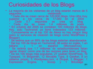 Curiosidades de los Blogs La mayoría de los visitantes de un blog estarán menos de 5 segundos visitándolo    * Cada día se crean cerca de 120.000 blogs. Una cifra muy superior a los cerca de 17.000 en el 2004  * Cada 0.7 segundos se crea un blog  * Cada día se crean 1.4 millones de posts  * En octubre del 2005 se contaban 100 millones de blogs. Hoy, solo Technorati ya tiene indexados 133 millones  * Curiosamente en el top 100 de Alexa no hay ningún blog (pero sí servicios de creación de blogs como WordPress y Blogger)  * Se estima que un 95% de los blogs estarían abandonados  * Del top 100 de blogs en Techonrati, 98 están en inglés, 1 en italiano y 1 en español (Microsiervos)  * Se estima que 1.7 millones de estadounidenses listan ‘ganar dinero’ como una de las razones para tener un blog  * De los 100 blogs más populares, 27 usaban WordPress, 16 Typepad, 14 Blogsmith, 12 Movable Type, 8 Gawker, 8 un sistema propio, 5 Wordpress.com, 4 Drupal, 3 Blogger, 1 Expression Engine, 1 Scoop y 1 Bricolage  1 
