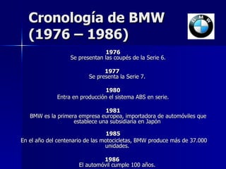 Cronología de BMW  (1976 – 1986) 1976  Se presentan las coupés de la Serie 6. 1977   Se presenta la Serie 7.  1980 Entra en producción el sistema ABS en serie.  1981  BMW es la primera empresa europea, importadora de automóviles que establece una subsidiaria en Japón 1985 En el año del centenario de las motocicletas, BMW produce más de 37.000 unidades. 1986   El automóvil cumple 100 años.  