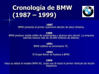 Cronología de BMW  (1987 – 1999) 1987  BMW presenta el primer automóvil alemán de doce cilindros.  1989   BMW produce medio millón de automóviles y alcanza otro récord. La empresa además factura más de 20.000 millones de dólares. 1991 BMW celebra su aniversario 75.  1994  El Grupo Rover se fusiona a BMW.  1999  Hace su debut el modelo BMW X5. Junto con él nació el primer Vehículo de Acción Deportiva 