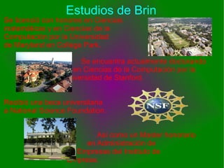 Estudios de Brin Se licenció con honores en Ciencias matemáticas y en Ciencias de la Computación por la Universidad de Maryland en College Park. Se encuentra actualmente doctorando en Ciencias de la Computación por la Universidad de Stanford. Recibió una beca universitaria a National Science Foundation. Así como un Master honorario en Administración de Empresas del Instituto de Empresa.