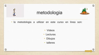metodologia 
• la metodologia a utilizar en este curso en linea son: 
• Videos 
• Lecturas 
• Dibujos 
• talleres 
 