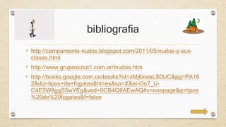 bibliografia 
• http://campamento-nudos.blogspot.com/2011/05/nudos-y-sus-clases. 
html 
• http://www.gruposcout1.com.ar/tnudos.htm 
• http://books.google.com.co/books?id=zMj6xweLS0UC&pg=PA16 
2&dq=tipos+de+fogatas&hl=es&sa=X&ei=0o7_U-C4E5W8ggS5wYEg& 
ved=0CB4Q6AEwAQ#v=onepage&q=tipos 
%20de%20fogatas&f=false 
 