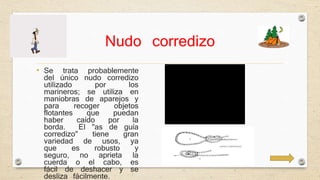 Nudo corredizo 
• Se trata probablemente 
del único nudo corredizo 
utilizado por los 
marineros; se utiliza en 
maniobras de aparejos y 
para recoger objetos 
flotantes que puedan 
haber caído por la 
borda. El "as de guía 
corredizo" tiene gran 
variedad de usos, ya 
que es robusto y 
seguro, no aprieta la 
cuerda o el cabo, es 
fácil de deshacer y se 
desliza fácilmente. 
 