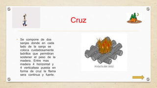 Cruz 
• Se compone de dos 
sanjas donde en cada 
lado de la sanja se 
coloca cuidadosamente 
ladrillos que permitiran 
sostener el peso de la 
madera. Entre mas 
madera 4 horizontal y 
4 verticalsea puesta en 
forma de cruz la flama 
sera continua y fuerte. 
 