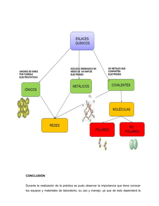 CONCLUSIÓN
Durante la realización de la práctica se pudo observar la importancia que tiene conocer
los equipos y materiales de laboratorio, su uso y manejo, ya que de esto dependerá la
 