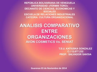 REPÚBLICA BOLIVARIANA DE VENEZUELA
UNIVERSIDAD «FERMIN TORO»
DECANATO DE CIENCIAS, ECONOMICAS Y
SOCIALES
ESCUELA DE RELACIONES INDUSTRIALES
CATEDRA: CULTURA ORGANIZACIONAL
ANALISIS COMPARATIVO
ENTRE
ORGANIZACIONES
AVON COSMETICS Vs. SENIAT
T.S.U. KATIUSKA GONZALEZ
C.I 12.677.232
PROF: SALVADOR SAVOIA
Guarenas 03 de Noviembre de 2014
 