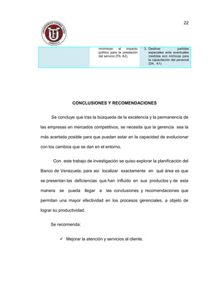 minimicen el impacto
político para la prestación
del servicio (F6, A2).
3. Destinar partidas
especiales ante eventuales
medidas eco nómicas para
la capacitación del personal
(D4, A1)
CONCLUSIONES Y RECOMENDACIONES
Se concluye que tras la búsqueda de la excelencia y la permanencia de
las empresas en mercados competitivos, se necesita que la gerencia sea la
más acertada posible para que puedan estar en la capacidad de evolucionar
con los cambios que se dan en el entorno.
Con este trabajo de investigación se quiso explorar la planificación del
Banco de Venezuela, para así localizar exactamente en qué área es que
se presentan las deficiencias que han influido en sus productos y de esta
manera se pueda llegar a las conclusiones y recomendaciones que
permitan una mayor efectividad en los procesos gerenciales, a objeto de
lograr su productividad.
Se recomienda:
 Mejorar la atención y servicios al cliente.
22
 