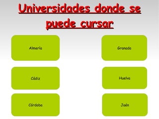 Universidades donde se
puede cursar
Almería

Granada

Cádiz

Huelva

Córdoba

Jaén

 