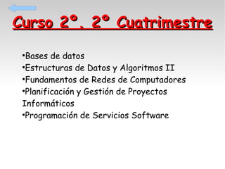 Curso 2º. 2º Cuatrimestre
Bases de datos
●
Estructuras de Datos y Algoritmos II
●
Fundamentos de Redes de Computadores
●
Planificación y Gestión de Proyectos
Informáticos
●
Programación de Servicios Software
●

 