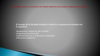 El consejo de la facultad estudiara y emitirá su respuesta de acuerdo con 
lo siguiente: 
•Aceptación o negación del traslado 
•Asignaturas reconocidas 
•Calificaciones de la asignaturas aceptadas 
•Ubicación académica 
 