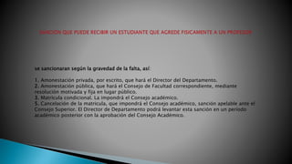 se sancionaran según la gravedad de la falta, así: 
1. Amonestación privada, por escrito, que hará el Director del Departamento. 
2. Amonestación pública, que hará el Consejo de Facultad correspondiente, mediante 
resolución motivada y fija en lugar público. 
3. Matrícula condicional. La impondrá el Consejo académico. 
5. Cancelación de la matricula, que impondrá el Consejo académico, sanción apelable ante el 
Consejo Superior. El Director de Departamento podrá levantar esta sanción en un período 
académico posterior con la aprobación del Consejo Académico. 
 