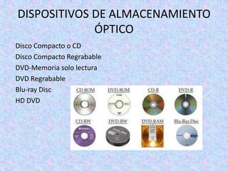 DISPOSITIVOS DE ALMACENAMIENTO
ÓPTICO
Disco Compacto o CD
Disco Compacto Regrabable
DVD-Memoria solo lectura
DVD Regrabable
Blu-ray Disc
HD DVD
 
