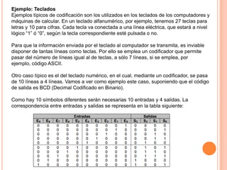 Ejemplo: Teclados
Ejemplos típicos de codificación son los utilizados en los teclados de los computadores y
máquinas de calcular. En un teclado alfanumérico, por ejemplo, tenemos 27 teclas para
letras y 10 para cifras. Cada tecla va conectada a una línea eléctrica, que estará a nivel
lógico “1” ó “0”, según la tecla correspondiente esté pulsada o no.
Para que la información enviada por el teclado al computador se transmita, es inviable
disponer de tantas líneas como teclas. Por ello se emplea un codificador que permite
pasar del número de líneas igual al de teclas, a sólo 7 líneas, si se emplea, por
ejemplo, código ASCII.
Otro caso típico es el del teclado numérico, en el cual, mediante un codificador, se pasa
de 10 líneas a 4 líneas. Vamos a ver como ejemplo este caso, suponiendo que el código
de salida es BCD (Decimal Codificado en Binario).

Como hay 10 símbolos diferentes serán necesarias 10 entradas y 4 salidas. La
correspondencia entre entradas y salidas se representa en la tabla siguiente:

 