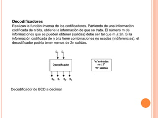Decodificadores
Realizan la función inversa de los codificadores. Partiendo de una información
codificada de n bits, obtiene la información de que se trata. El número m de
informaciones que se pueden obtener (salidas) debe ser tal que m < 2n. Si la
información codificada de n bits tiene combinaciones no usadas (indiferencias), el
decodificador podría tener menos de 2n salidas.

Decodificador de BCD a decimal

 