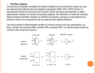 • Puertas Lógicas
Una de las principales ventajas de utilizar el álgebra de conmutación radica en que
las operaciones básicas de este álgebra (operación AND, OR y NOT) tienen un
equivalente directo en términos de circuitos. Estos circuitos equivalentes a estas
operaciones reciben el nombre de puertas lógicas. No obstante, el resto de circuitos
lógicos básicos también reciben el nombre de puertas, aunque su equivalencia se
produce hacia una composición de las operaciones lógicas básicas.
Las tres puertas fundamentales reciben el mismo nombre que los operadores, es
decir, existen las puertas AND, puertas OR y puertas NOT. La última puerta recibe el
nombre más usual de inversor.

 