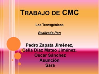 TRABAJO DE CMC
      Los Transgénicos

       Realizado Por:


 Pedro Zapata Jiménez,
Celia Díaz Mateo Jiménez,
      Óscar Sánchez
        Asunción
           Sara
 