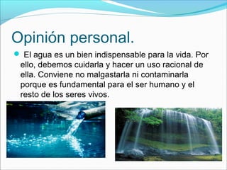 Opinión personal.
 El agua es un bien indispensable para la vida. Por
ello, debemos cuidarla y hacer un uso racional de
ella. Conviene no malgastarla ni contaminarla
porque es fundamental para el ser humano y el
resto de los seres vivos.
 