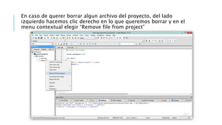 En caso de querer borrar algun archivo del proyecto, del lado
izquierdo hacemos clic derecho en lo que queremos borrar y en el
menu contextual elegir “Remove file from project”
 