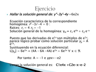 Hallar la solución general de: y"-3y'-4y =6e2x  Ecuación característica de la correspondiente homogénea: r2 -3r -4 = 0 :    Raíces: r1 = 4 r2 = -1    Solución general de la homogénea: yH= c1 e4x + c2 e-x    Puesto que las derivadas de e2x son múltiplos de e2x, parece lógico probar como solución particular yp= A e2x.    Sustituyendo en la ecuación diferencial:    L[yp] = 6e2x ⇒ (4A – 6A -4A) e2x = 6e2x ∀ x ∈ ℜ            Por tanto: A = -1 e ypx=−e2   Luego la solución general es: C1e4x +C2e-x-e-2 Ejercicio