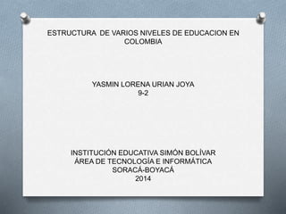 ESTRUCTURA DE VARIOS NIVELES DE EDUCACION EN
COLOMBIA
YASMIN LORENA URIAN JOYA
9-2
INSTITUCIÓN EDUCATIVA SIMÓN BOLÍVAR
ÁREA DE TECNOLOGÍA E INFORMÁTICA
SORACÁ-BOYACÁ
2014
 