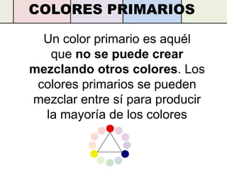 COLORES PRIMARIOS

  Un color primario es aquél
   que no se puede crear
mezclando otros colores. Los
 colores primarios se pueden
mezclar entre sí para producir
  la mayoría de los colores
 