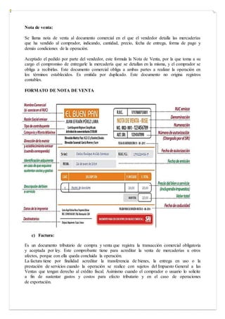 Nota de venta:
Se llama nota de venta al documento comercial en el que el vendedor detalla las mercaderías
que ha vendido al comprador, indicando, cantidad, precio, fecha de entrega, forma de pago y
demás condiciones de la operación.
Aceptado el pedido por parte del vendedor, este formula la Nota de Venta, por la que toma a su
cargo el compromiso de entregarle la mercadería que se detallan en la misma, y el comprador se
obliga a recibirlas. Este documento comercial obliga a ambas partes a realizar la operación en
los términos establecidos. Es emitida por duplicado. Este documento no origina registros
contables.
FORMATO DE NOTA DE VENTA
c) Factura:
Es un documento tributario de compra y venta que registra la transacción comercial obligatoria
y aceptada por ley. Este comprobante tiene para acreditar la venta de mercaderías u otros
afectos, porque con ella queda concluida la operación.
La factura tiene por finalidad acreditar la transferencia de bienes, la entrega en uso o la
prestación de servicios cuando la operación se realice con sujetos del Impuesto General a las
Ventas que tengan derecho al crédito fiscal. Asimismo cuando el comprador o usuario lo solicite
a fin de sustentar gastos y costos para efecto tributario y en el caso de operaciones
de exportación.
 