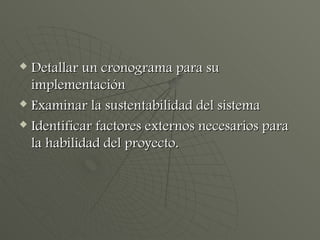 Detallar un cronograma para su implementación Examinar la sustentabilidad del sistema Identificar factores externos necesarios para la habilidad del proyecto. 