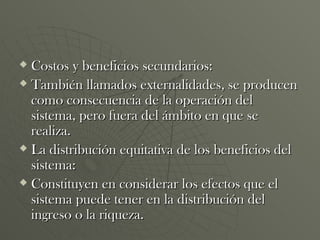 Costos y beneficios secundarios: También llamados externalidades, se producen como consecuencia de la operación del sistema, pero fuera del ámbito en que se realiza. La distribución equitativa de los beneficios del sistema: Constituyen en considerar los efectos que el sistema puede tener en la distribución del ingreso o la riqueza. 